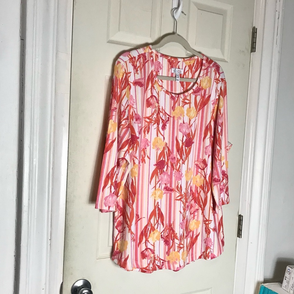 D&Co 1X leaf floral print blouse cotton pink plus size